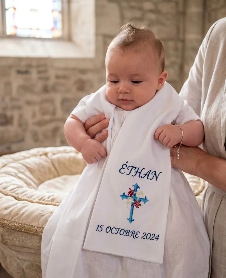 Bébé Éthan portant une écharpe de baptême blanche brodée de son prénom, d'une croix et de la date du 15 octobre 2024, dans les bras d'un proche à l'église