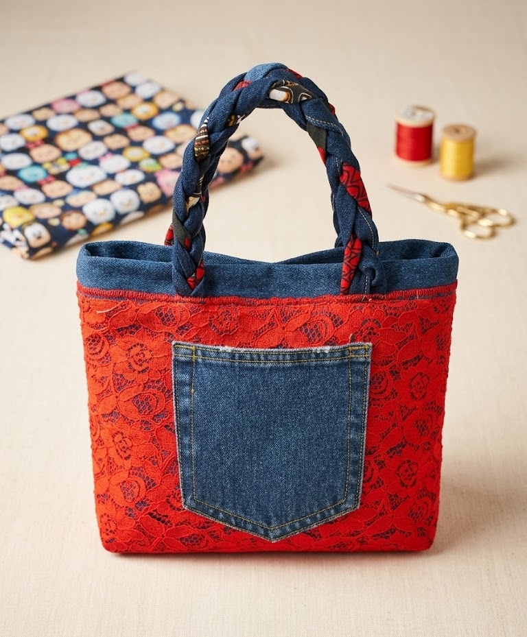 sac rouge et jeans poser sur une table