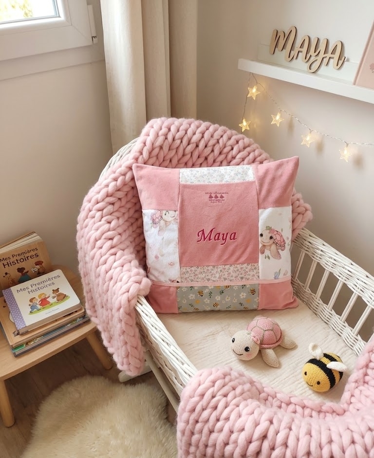 un landeau lit avec le coussin souvenir de bébé,Maya et sa couverture rose