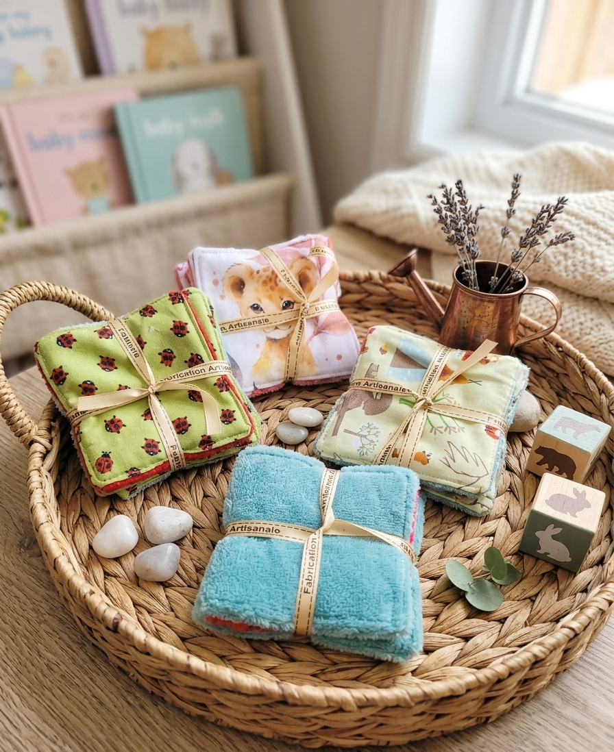 panier avec des lingettes lavables en coton et éponge