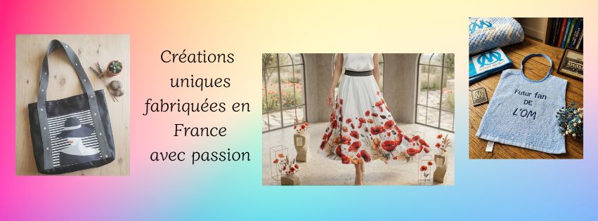 bandeau haut du site avec image d'une jupe, d'un bavoir futur fan de OM et un sac noir en simili cuir avec un portrait de femme