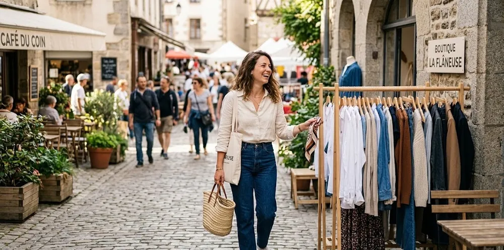 une femme qui se promène avec un panier et passe devant une boutique dans une rue piétonne