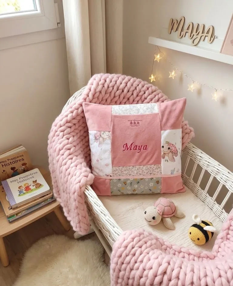 un landeau lit avec le coussin souvenir de bébé,Maya et sa couverture rose