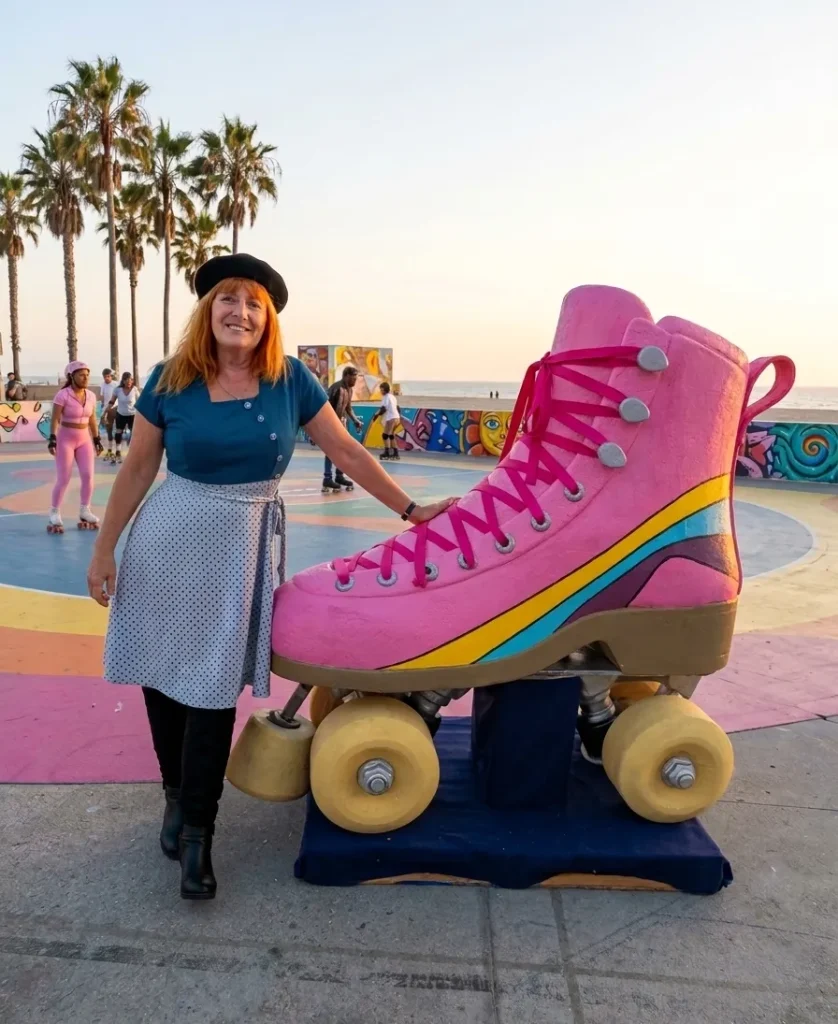 Nathaliec à côté d'un patin à roulettes géant