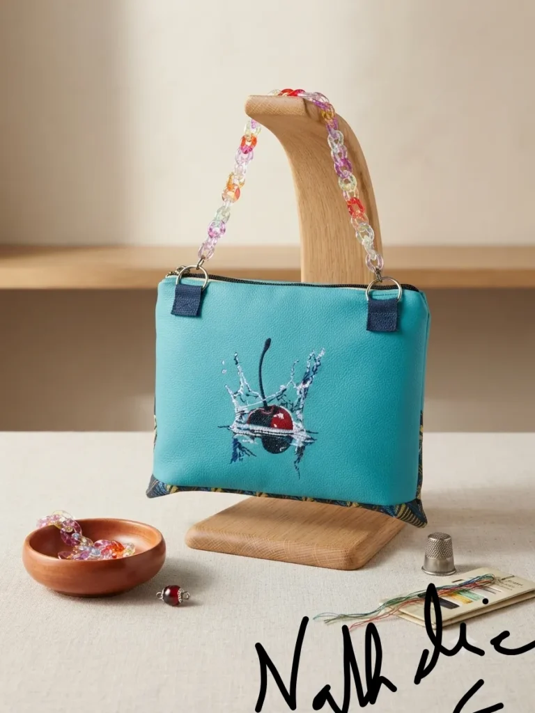 sac vert crée par moi avec une broderie cerise dessu et une anse avec une chainette en plastique de couleurs.