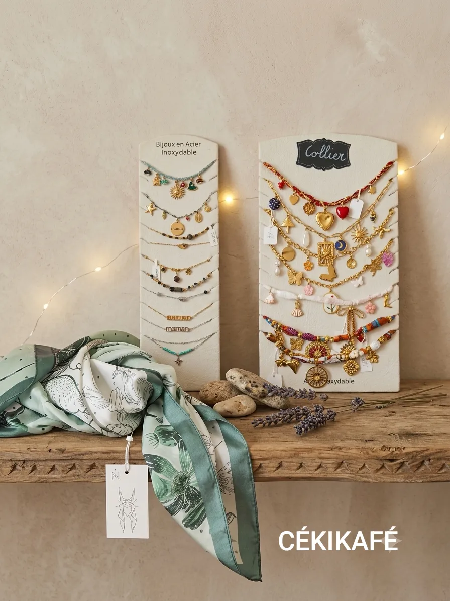 qur cette photo des bijoux coup de coeur posés sur une étagère en baois avec un foulard vert