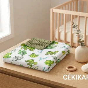 couverture posée sur le bureau table à langer à côté du lit bébé.cette couverture et un coté minky et de l'autre du coton avec des tortues vertes