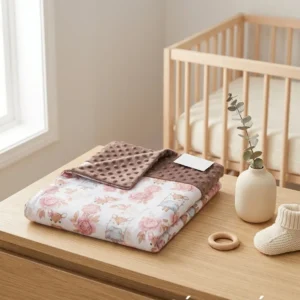 couverture posée sur le bureau table à langer à côté du lit bébé.cette couverture et un coté minky et de l'autre du coton avrc des personnage souris un peu style ancien
