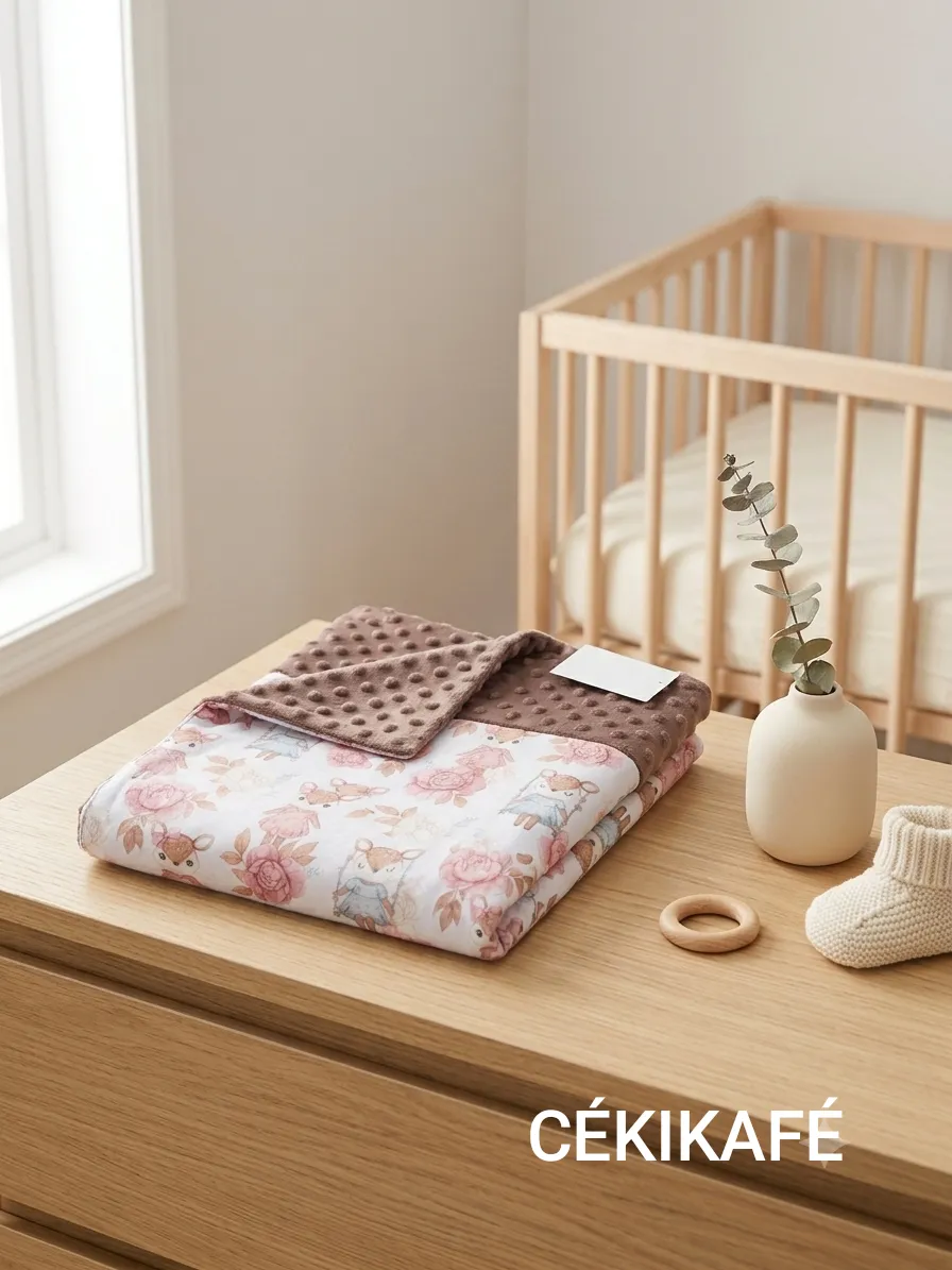 couverture posée sur le bureau table à langer à côté du lit bébé.cette couverture et un coté minky et de l'autre du coton avrc des personnage souris un peu style ancien