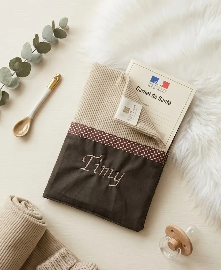 une protection de carnet de santé brodé.Elle es t en coton maron et beige
