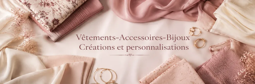 photo bandeau du site.Il y a des tissus sur une table et des bijoux